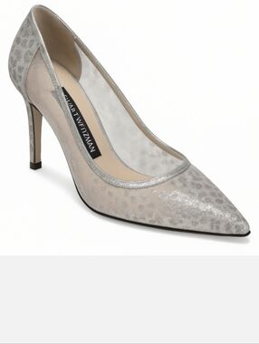 Stuart Weitzman Silver Glitter Heels  Sheer Panels Closed Toe Size
